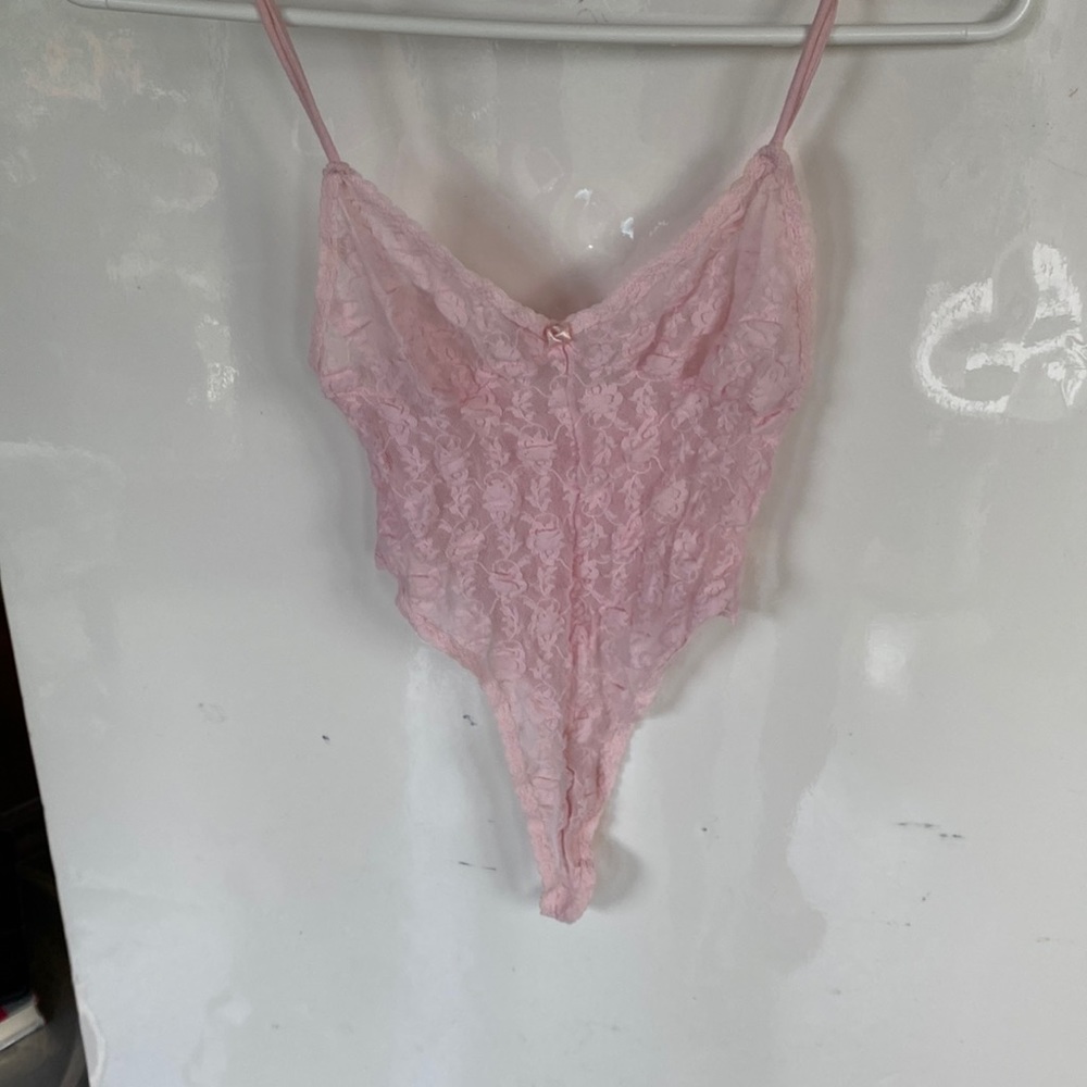 Lace bodysuit with satin rosebud delicate trim thong back Valentine Day